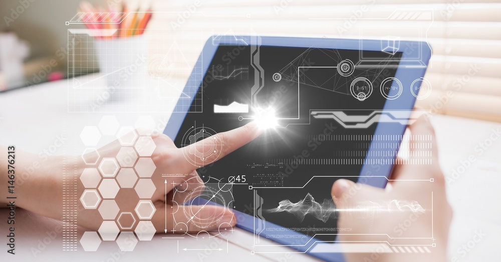 Poster hands with tablet and white interface with flare