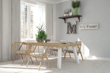 White dinner room with winter landscape in window. Scandinavian interior design. 3D illustration