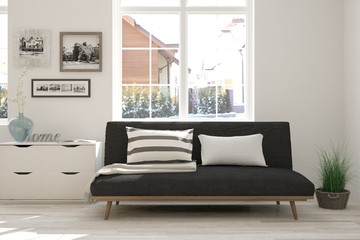 White modern room with sofa. Scandinavian interior design. 3D illustration