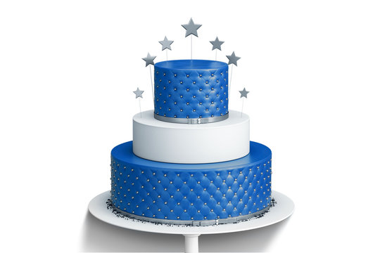 Realistic blue three tiered wedding cake isolated with decoration of silver stars and balls on a white plate. 3d illustration