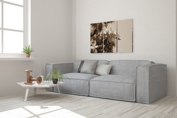 White modern room with sofa. Scandinavian interior design. 3D illustration