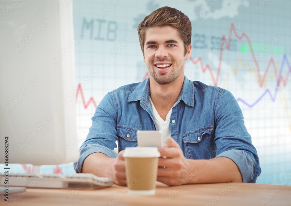 Poster man at computer with coffee against blue graph