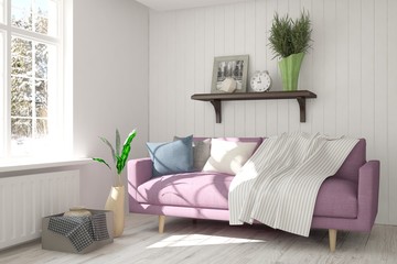 White room with sofa and winter landscape in window. Scandinavian interior design. 3D illustration