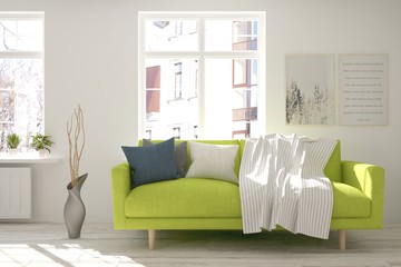 White room with sofa and urban landscape in window. Scandinavian interior design. 3D illustration