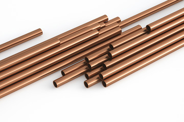 Copper pipes on a white background. 3d rendering