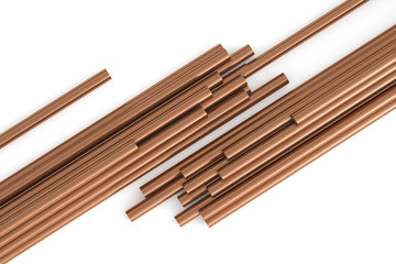 Copper pipes on a white background top view. 3d rendering