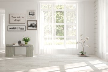 White empty room with green landscape in window. Scandinavian interior design. 3D illustration