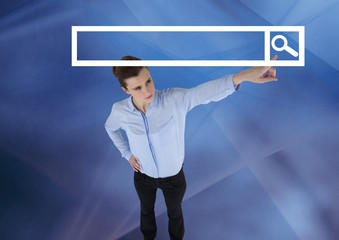 Woman pointing at Search Bar with abstract background