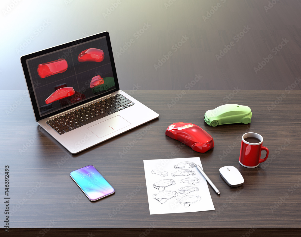 Poster laptop computer, smart phone, sketch and color samples. product design process concept. 3d rendering