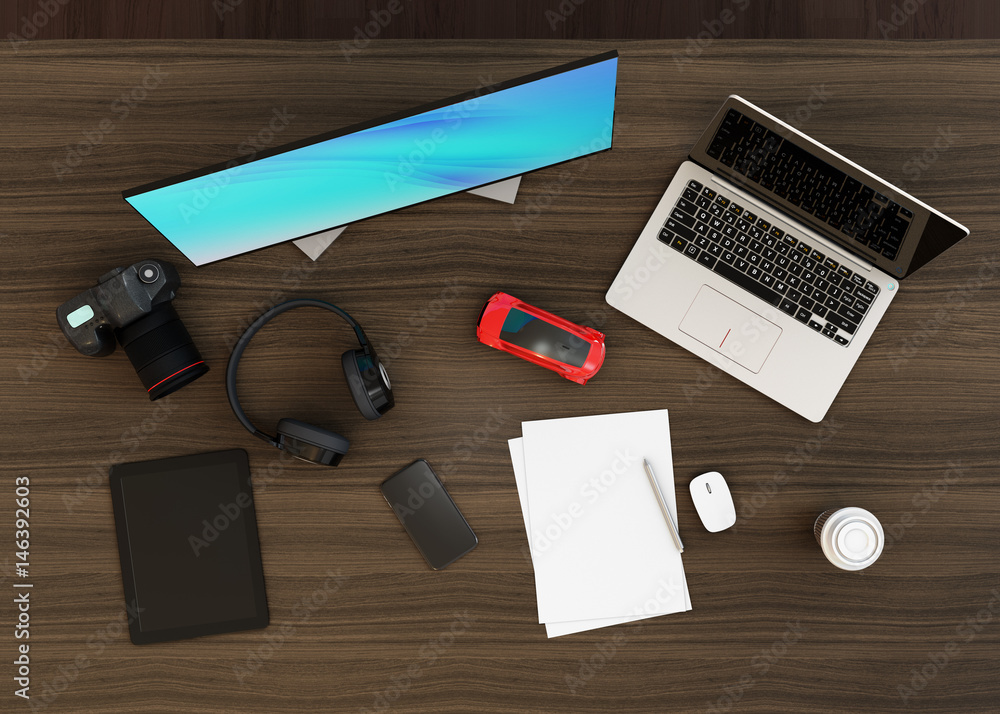 Poster top view of creative designer desktop with bezel-less monitor, laptop pc and wireless headphone. 3d 