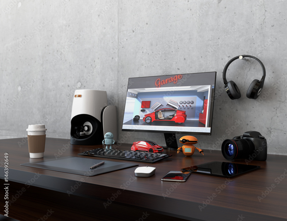 Poster product designer desktop with 3d scanner, digital graphic tablet, dslr camera and bezel-less monitor
