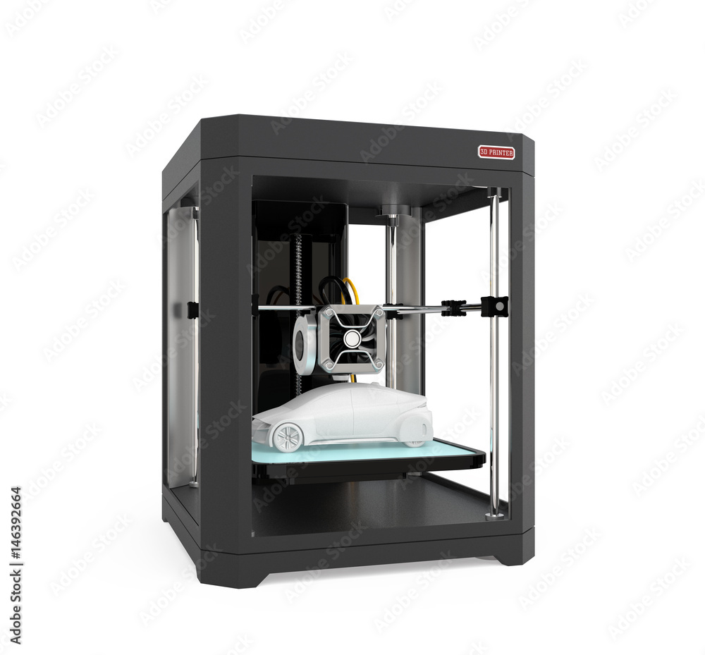 Poster 3d printer with car model isolated on white background. 3d rendering image.