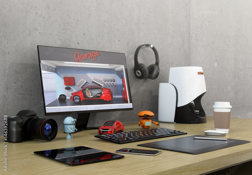 Poster product designer desktop with 3d scanner, digital graphic tablet, dslr camera and bezel-less monitor