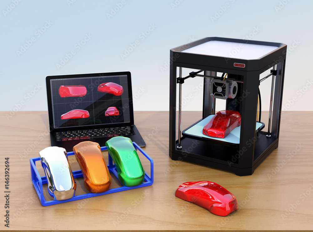 Poster 3d printer, laptop and product color samples. cmf(color, material and finish) design process concept