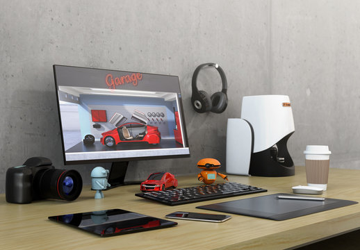 Product designer desktop with 3D scanner, digital graphic tablet, DSLR camera and bezel-less monitor. 3D rendering image.