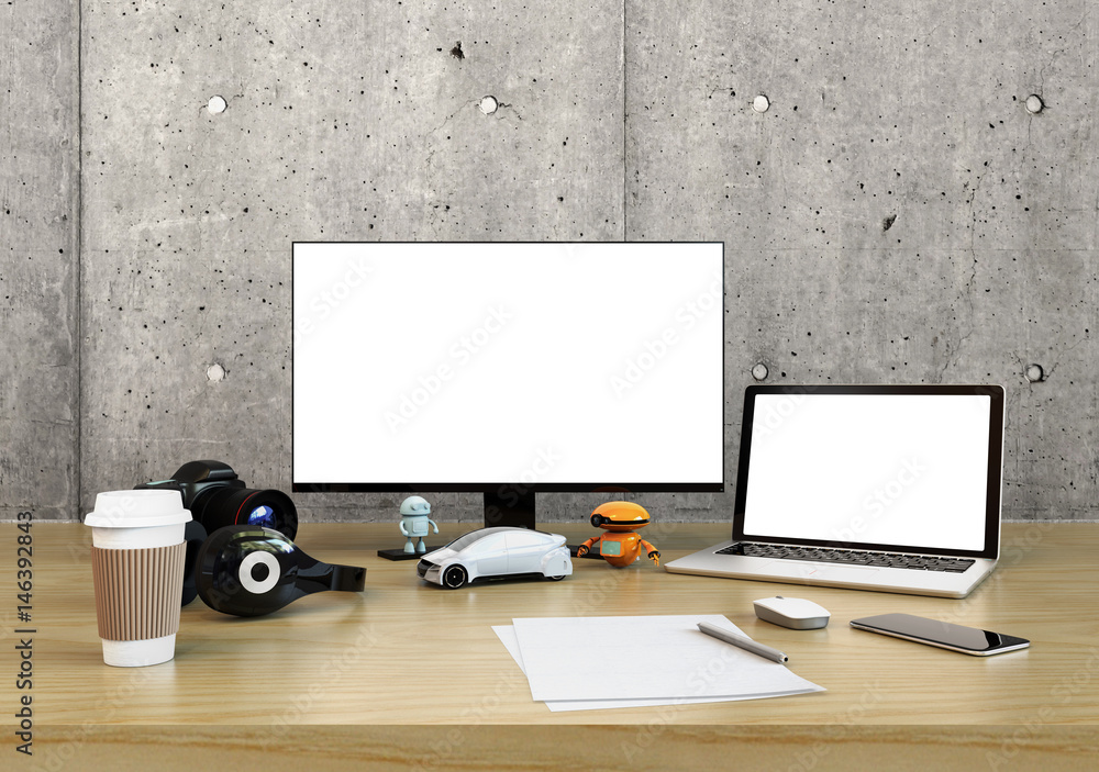 Poster graphic designer desktop with dslr camera,laptop pc and bezel-less monitor with blank space. 3d rend