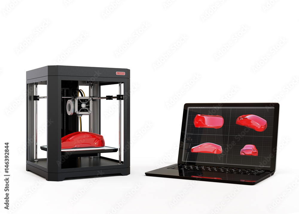 Poster 3d printer and laptop computer isolated on white background. 3d rendering image.