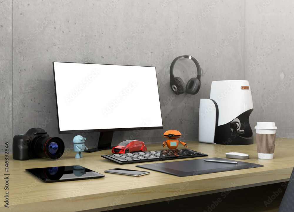 Poster product designer desktop with 3d scanner, digital graphic tablet, dslr camera and bezel-less monitor