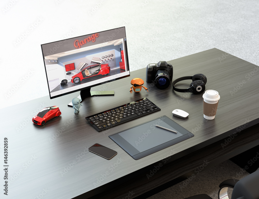 Poster graphic designer desktop with digital graphic tablet, dslr camera, wireless headphone and keyboard. 