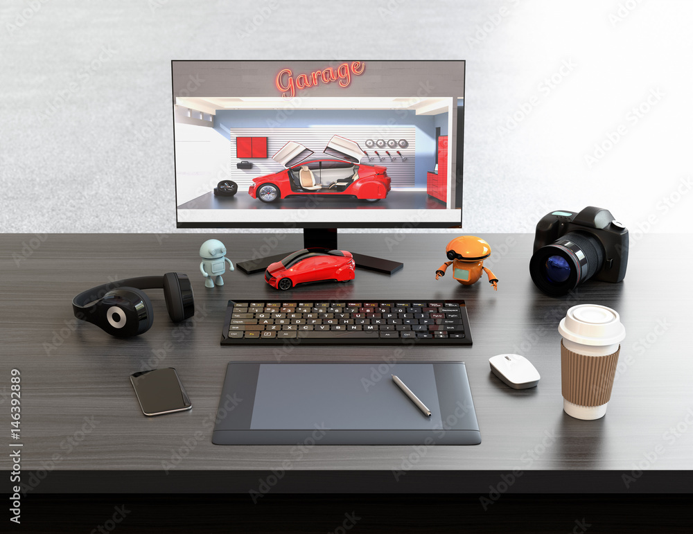 Poster graphic designer desktop with digital graphic tablet, dslr camera, wireless headphone and keyboard. 