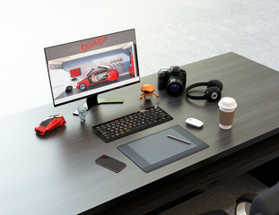 Graphic designer desktop with digital graphic tablet, DSLR camera, wireless headphone and keyboard. 3D rendering image.
