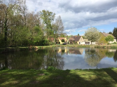 H&auml;user am Teich, See, in Deutschland, im Fr&uuml;hling