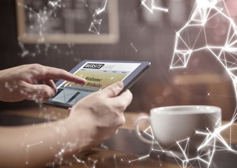 Hands in cafe with tablet and white network overlay