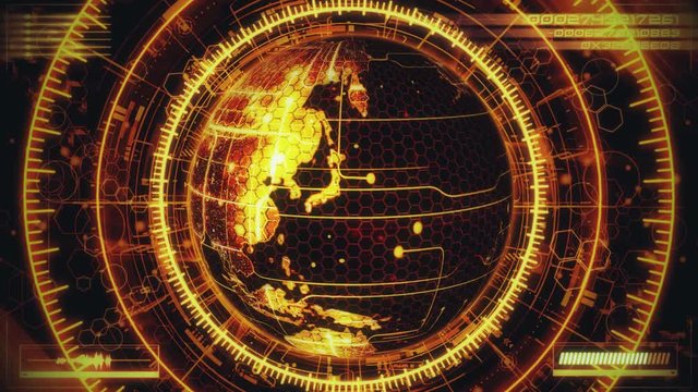 3D Orange Rotating HoloMatrix Planet Earth with HUD Interface