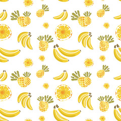 Pattern of bananas and pineapples on white background