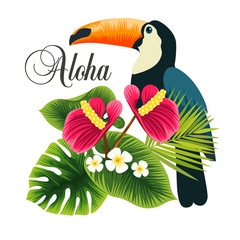 Beautiful tropical plant and laptop. Aloha. Vector poster. summer vacation