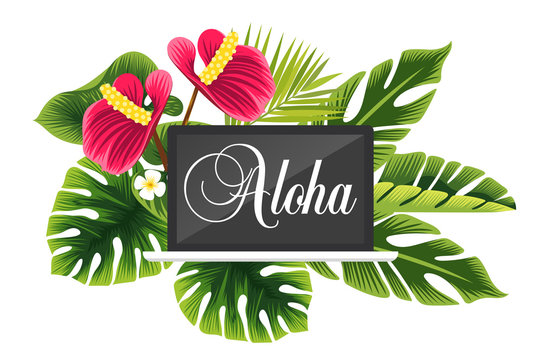 Beautiful tropical plant and laptop. Aloha. Vector poster. summer vacation