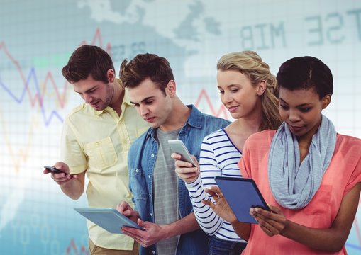 People in line with devices against blue graph