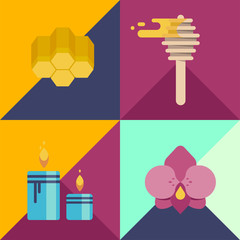 Wax spa club, beauty healthcare, body care banner. The set of vector flat icons with light and bright colours, Template image honey, honeycomb with orchid flower and warm relax candle.Печать