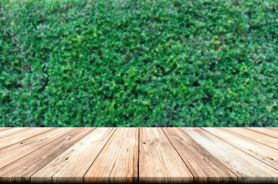 Empty wooden table top with green leaves wall background. © n.ko.studios