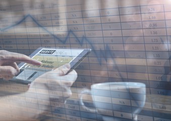 Hands with tablet in cafe and blue graph overlay