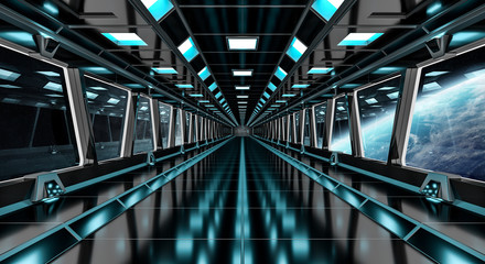 Spaceship corridor with view on the planet Earth 3D rendering elements of this image furnished by NASA