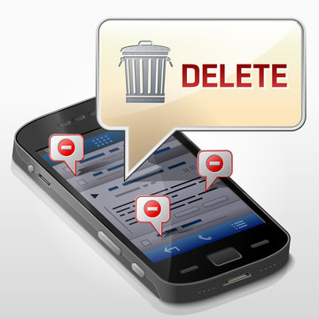 Smartphone with message bubble about data delete. Dialog box pop up over screen of phone. Qualitative vector illustration about smartphone, file removing, mobile technology, erasing, notification, etc