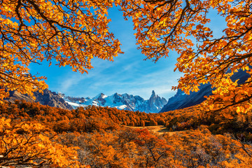 Patagonien Argentinien, Nationalpark Los Glaciares, Cerro Torre, wunderschöne Herbstlandschaft auf den Wegen, die zu den eisbedeckten Gipfeln der Berge führen.