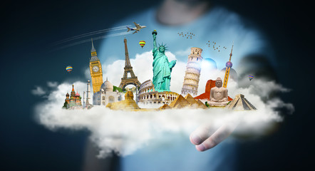 Businessman touching a cloud full of famous monuments with his finger 3D rendering
