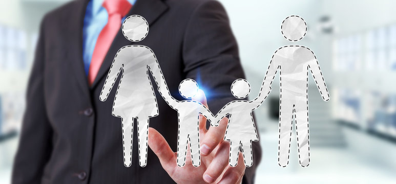 Businessman touching family interface with his finger 3D rendering