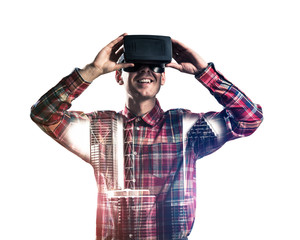 Guy wearing checked shirt and virtual mask demonstrating some em