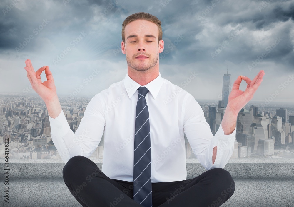 Poster Business man meditating against grey skyline and clouds