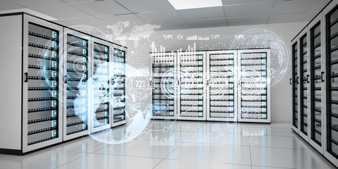 Graph holograms flying over server room data center 3D rendering