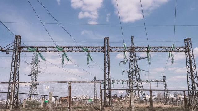 High-voltage electricity distribution substation. Energy industry. Wires on supports. Electricity for settlements. power lines