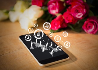 Phone on table with roses and white interface