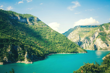 Piva Canyon in Montenegro - nature travel background. Canyon in Pluzine - obrazy, fototapety, plakaty