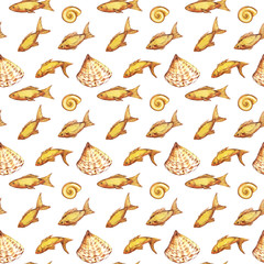 Hand drawn watercolor seamless fish pattern. Isolated on white background.