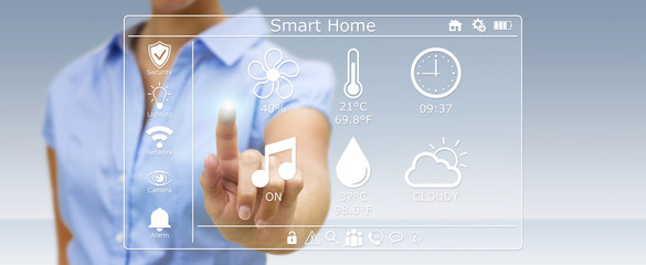 Businesswoman using smart home digital interface 3D rendering
