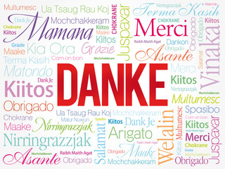 Danke (Thank You in German) Word Cloud background, all languages, multilingual for education or thanksgiving day