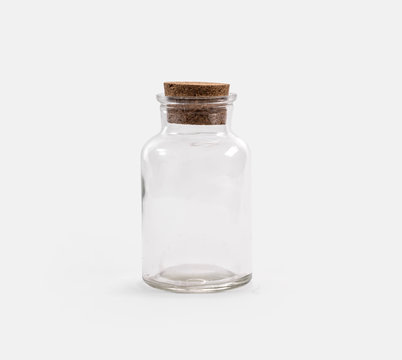 Empty glass jar closed cork stopper